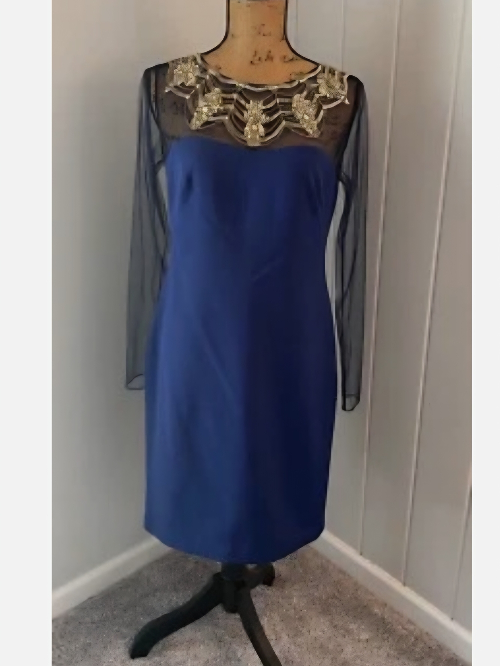 Embellished Sheer-Sleeve Royal Blue Cocktail Dress
